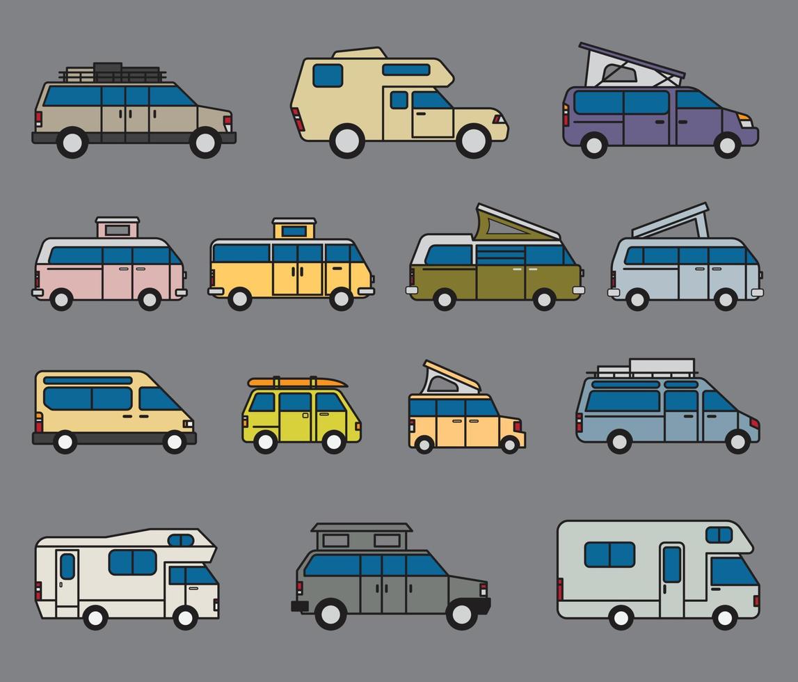 coleção de design plano de carro de acampamento e veículo de recreação. vetor