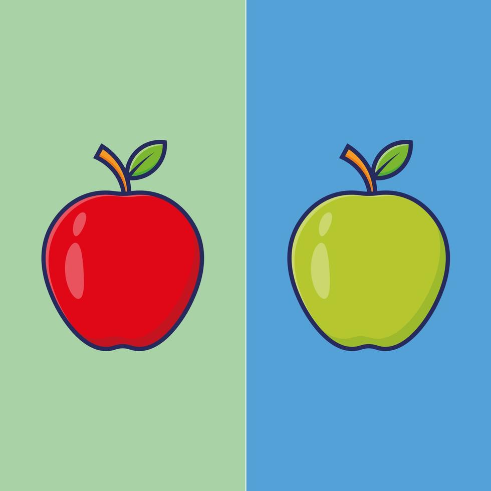 conjunto de 2 ilustrações de desenhos animados de frutas de maçã com preenchimento e contorno vetor