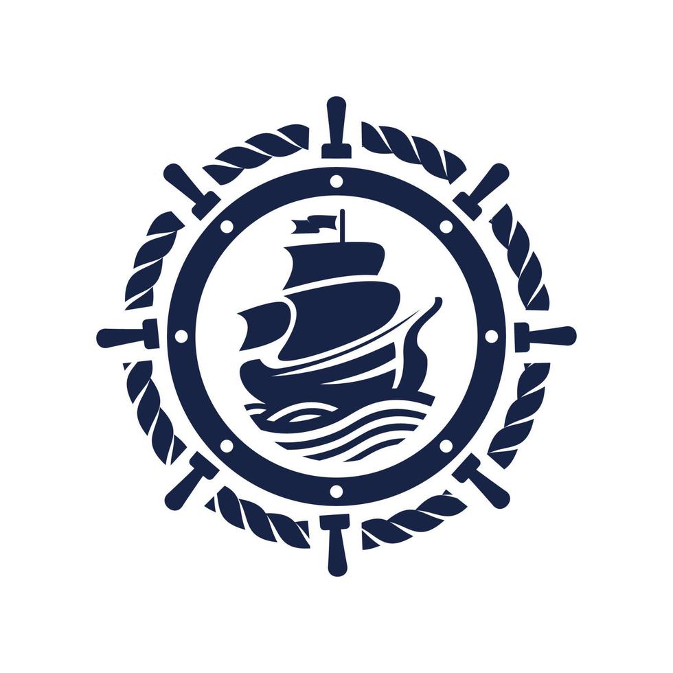 vetor de ícone de design de logotipo de roda de navio e navio vintage