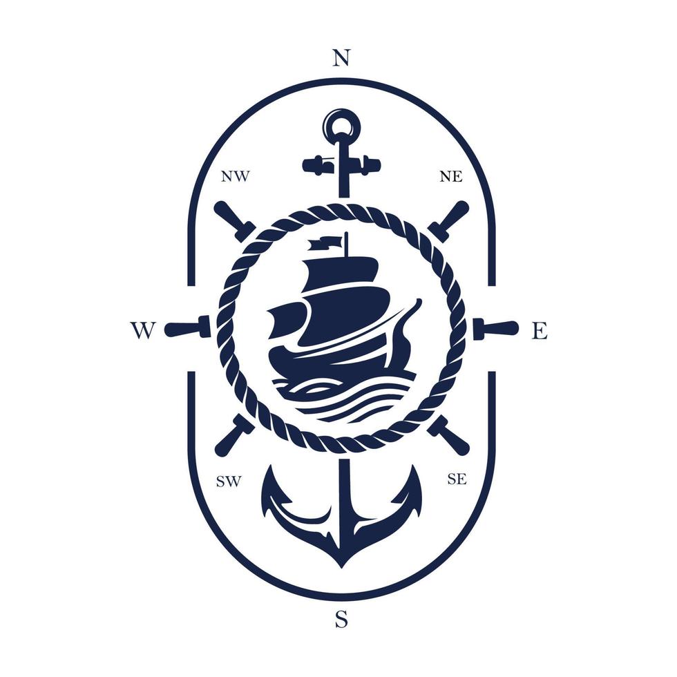 navio e vetor de ícone de design de logotipo de roda de navio vintage. bússola, âncora, ilustração de volante de navio
