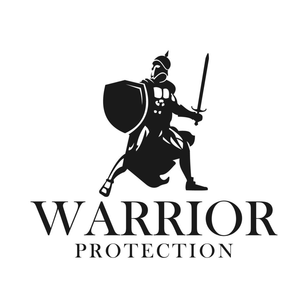 proteção espartana do logotipo no capacete e escudo. logotipo em preto e branco. ilustração vetorial vetor