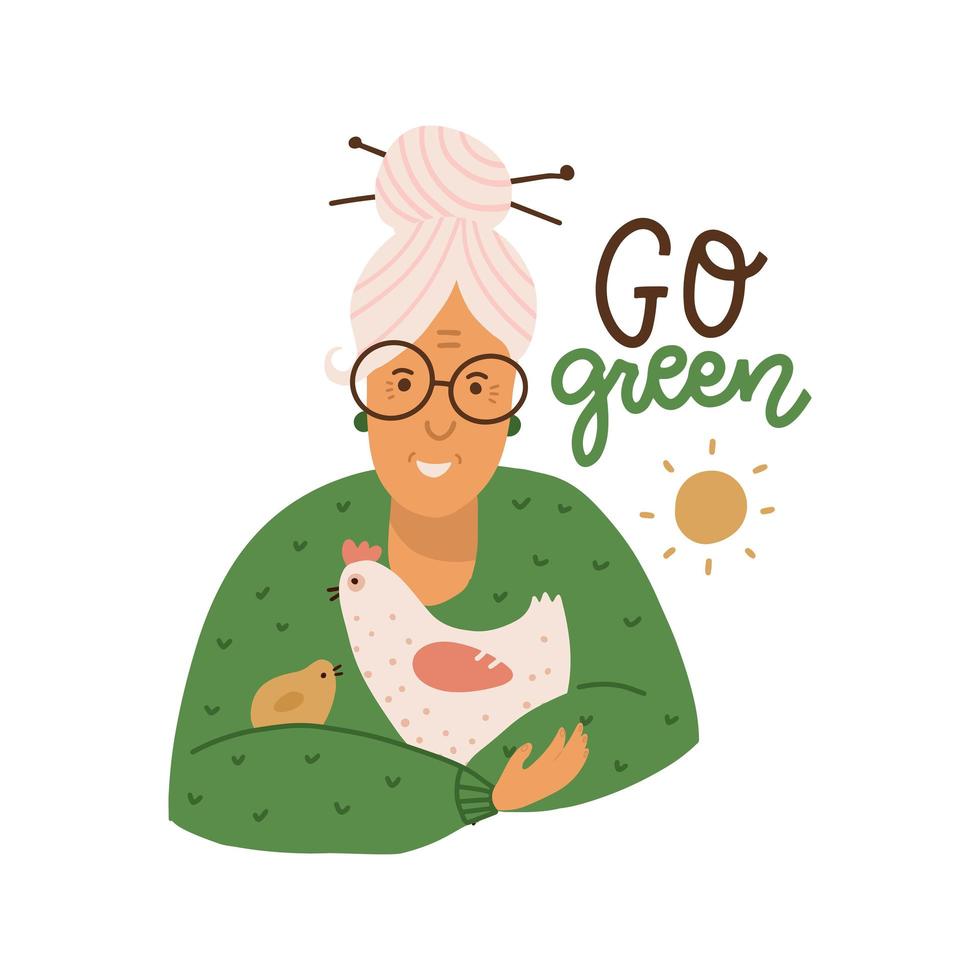 velha agricultora segurando uma galinha e uma galinha em seus braços. mulher mais velha cuida do pássaro vermerian. ilustração vetorial em estilo simples, isolado no fundo branco. vá citação de letras verdes. vetor