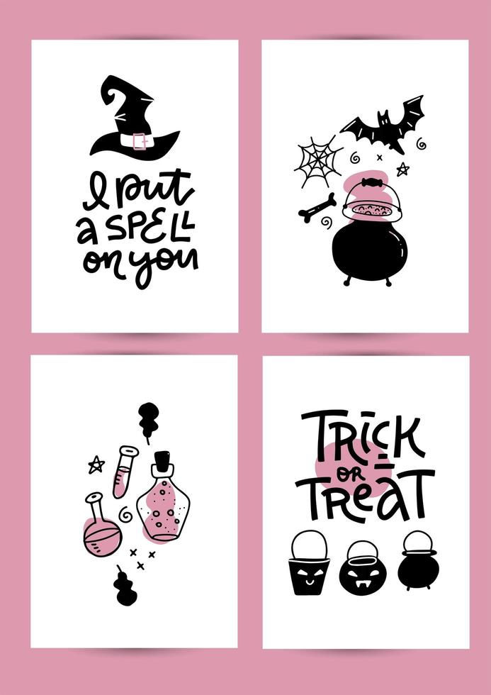 convite para festa de halloween, cartão de felicitações, modelos de pôster em conjunto de tamanho a4. símbolos tradicionais desenhados à mão, elementos fofos nas cores rosa e preto. ilustração vetorial simples, letras. vetor