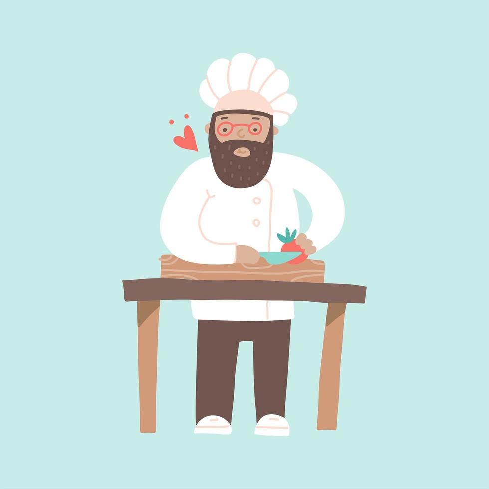 sorridente chef cortando legumes com uma faca, preparando pratos com amor. coração voa ao seu redor. cozinheiro feliz isolado em um fundo azul. ilustração dos desenhos animados em estilo simples vetor