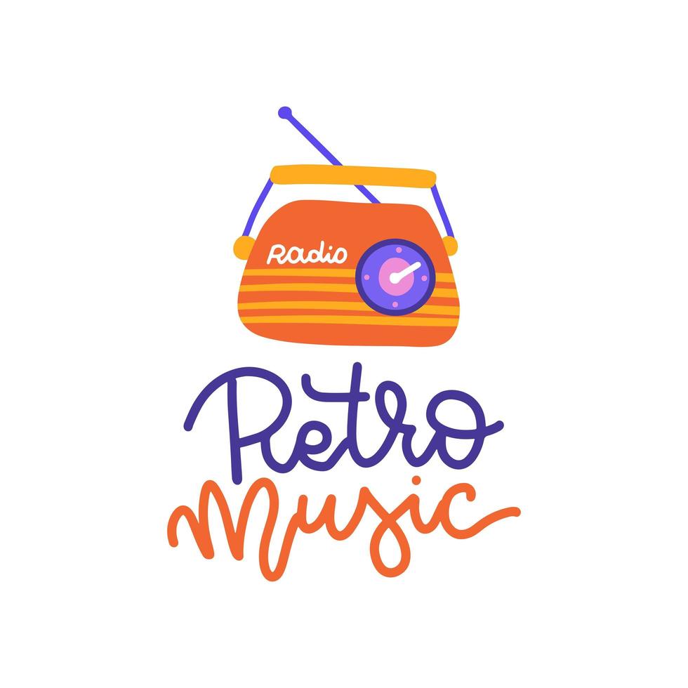 música retrô - cartão de letras de estilo retrô, design de banner. rádio antiquado bonito e texto escrito à mão. ilustração vetorial plana desenhada à mão. vetor