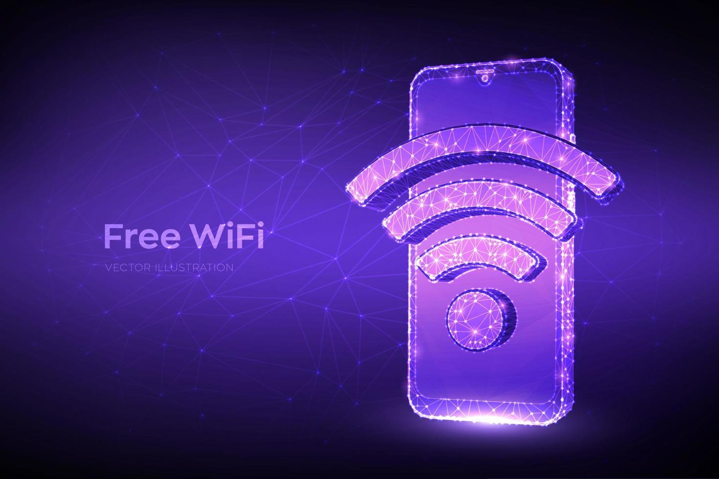 conceito de wi-fi gratuito. smartphone poligonal baixo abstrato com sinal wi-fi. símbolo de sinal de ponto de acesso. zona de conexão móvel. transferência de dados. zona de avaliação pública. conceito de conexão sem fio. ilustração vetorial vetor