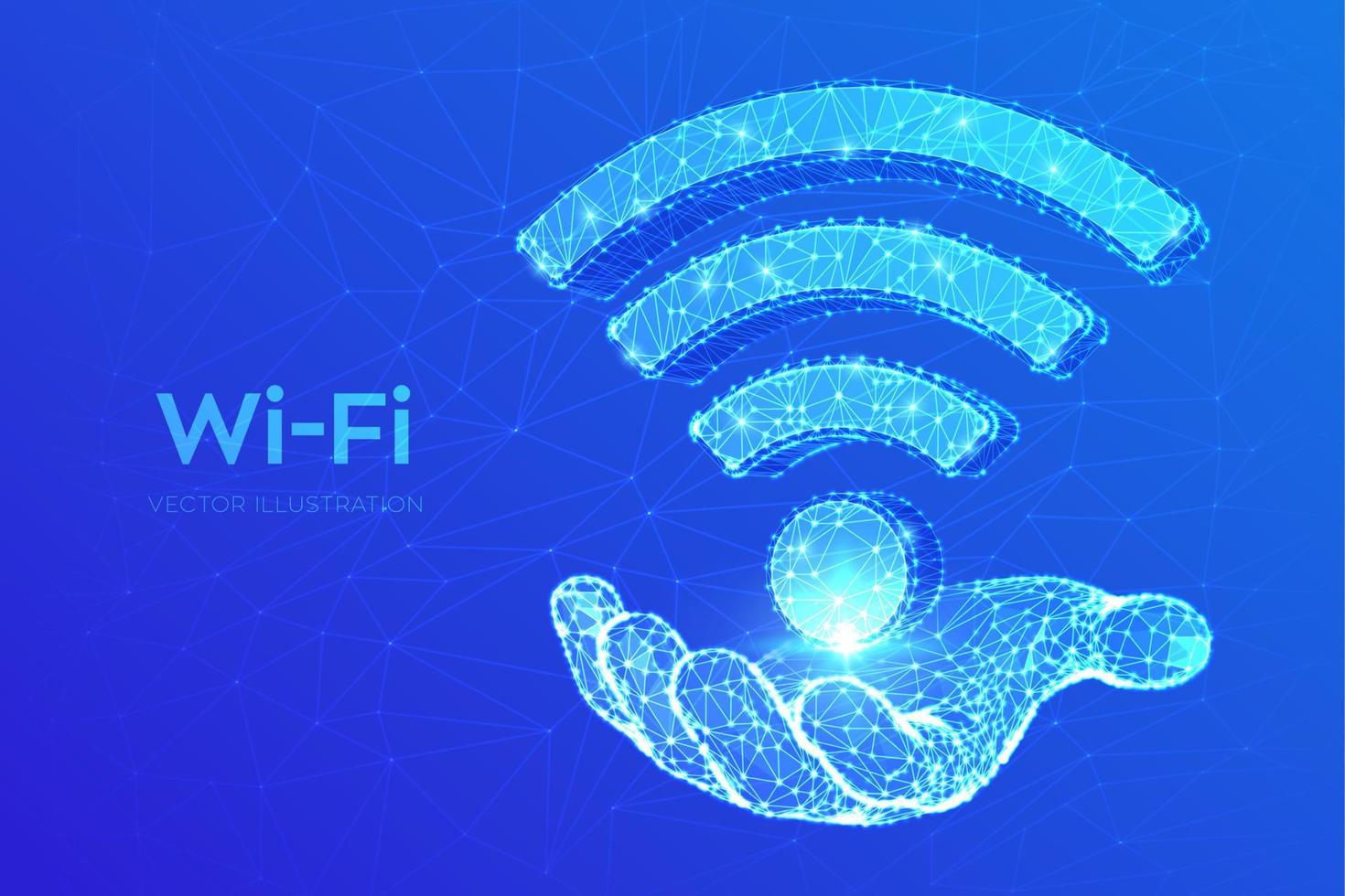ícone de rede wi-fi. baixo poli abstrato wi fi sinal na mão. acesso wlan, símbolo de sinal de ponto de acesso sem fio. zona de conexão móvel. roteador ou transmissão móvel. ilustração em vetor poligonal 3D.