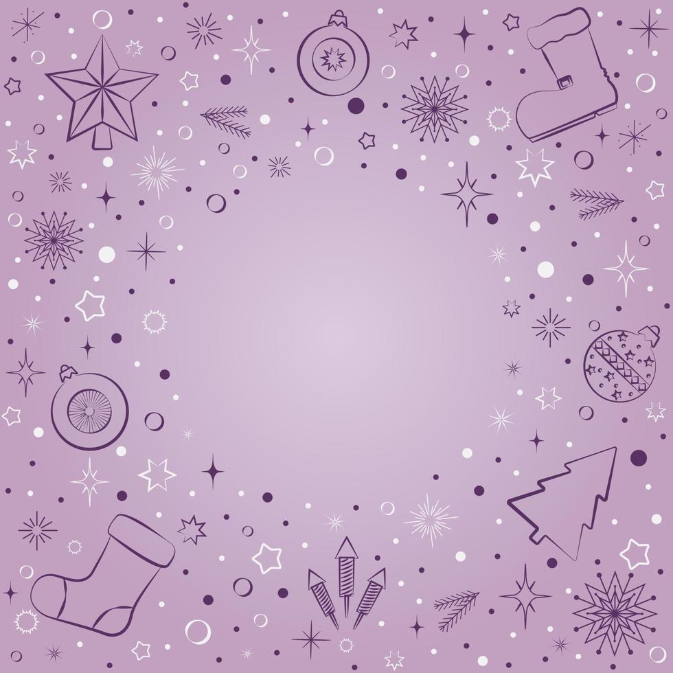 moldura redonda com elementos de natal em um fundo gradiente lilás. meia, bolas de natal, sapato, flocos de neve, fogos de artifício, vetor