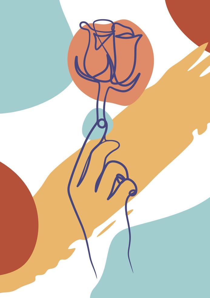 cartaz de arte de linha contínua de uma mão segurando uma flor vetor