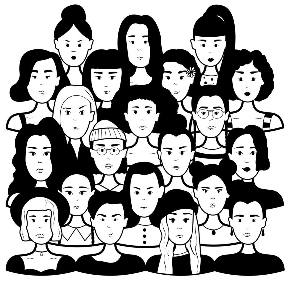 doodle conjunto rosto de pessoas. vinte e um caracteres. contorno vetorial. ilustração em preto e branco vetor