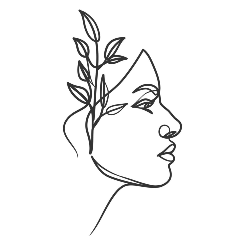 desenho de linha contínua do rosto da mulher. rosto de mulher com planta vetor