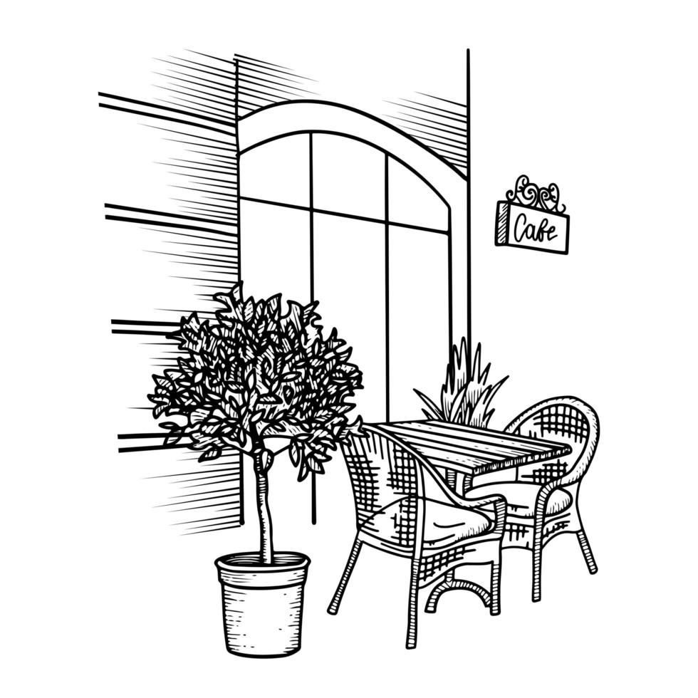 café de rua com mesa e planta, ilustração vetorial desenhada à mão em estilo de gravura. vitrine de restaurante no verão em estilo de desenho desenhado à mão. vetor