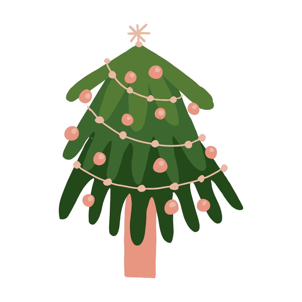 árvore de natal decorada. abeto verde e bonito com guirlandas, estrela e bolas. feliz ano novo clipart. elemento isolado à mão livre. ilustração em vetor plana. apenas 5 cores, fácil de recolorir.