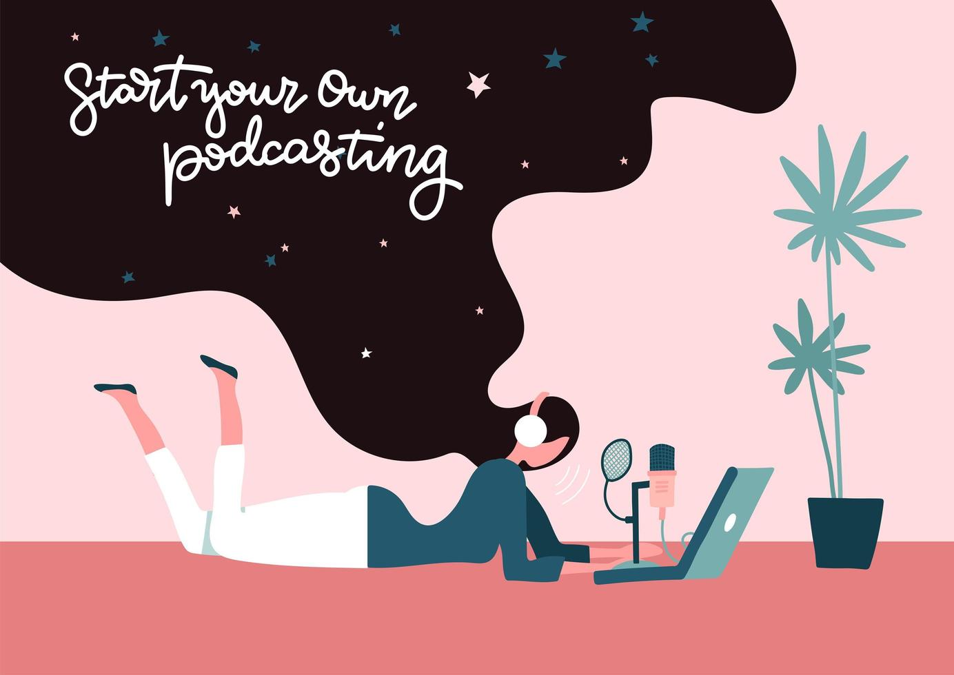 comece o conceito de gravação de podcast. comece seu próprio podcasting - conceito de letras. jovem freelancer feminina de cabelos compridos fazendo podcasting deitada no chão em casa. ilustração em vetor plana.