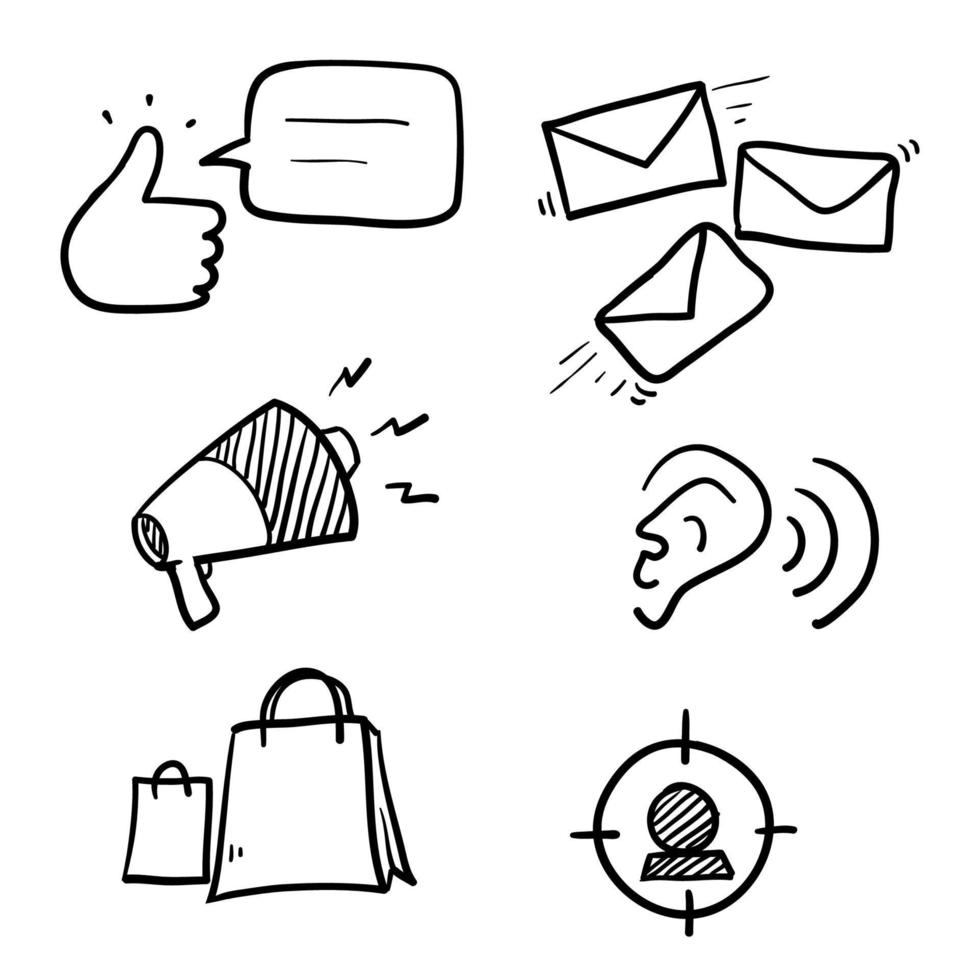 conjunto simples desenhado à mão de ícones de linha de vetor relacionados a marketing em fundo isolado de vetor de estilo doodle