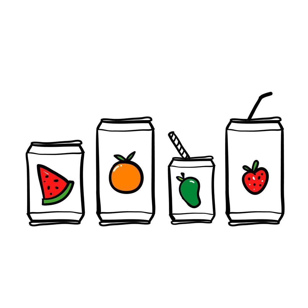 doodle desenho ilustração vários refrigerantes saborosos. conjunto de vetores desenhados à mão de refrigerantes em latas de alumínio. água gaseificada com fundo isolado de diferentes sabores de frutas