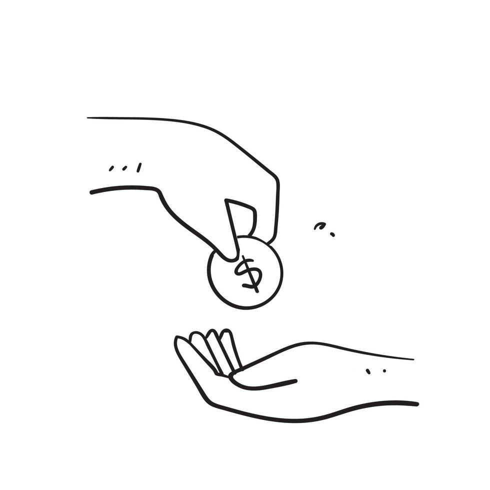 mão desenhada doodle mão dar e receber ilustração de moeda de dinheiro isolada vetor