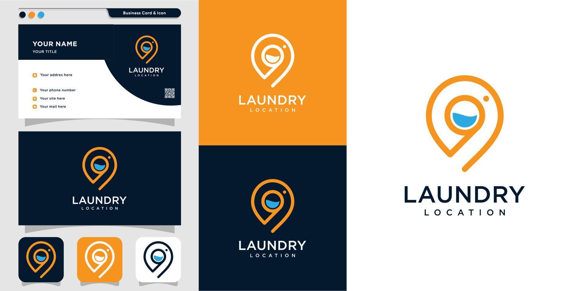 logotipo de localização de lavanderia com estilo de arte de linha e modelo de design de cartão de visita, limpo, lavanderia, serviço, mapas, localização, pino, vetor premium