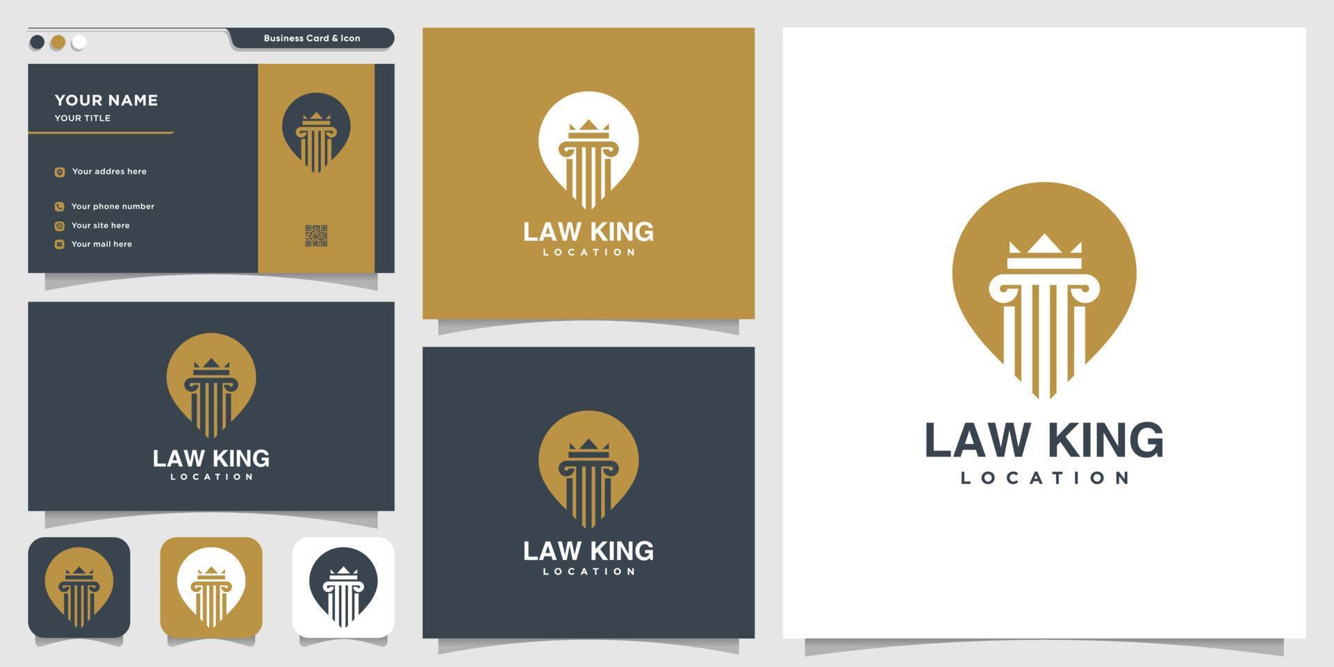parte 2 do logotipo de localização do rei da lei e modelo de design de cartão de visita, advogado, justiça, logotipo de pino, logotipo de lei, vetor premium