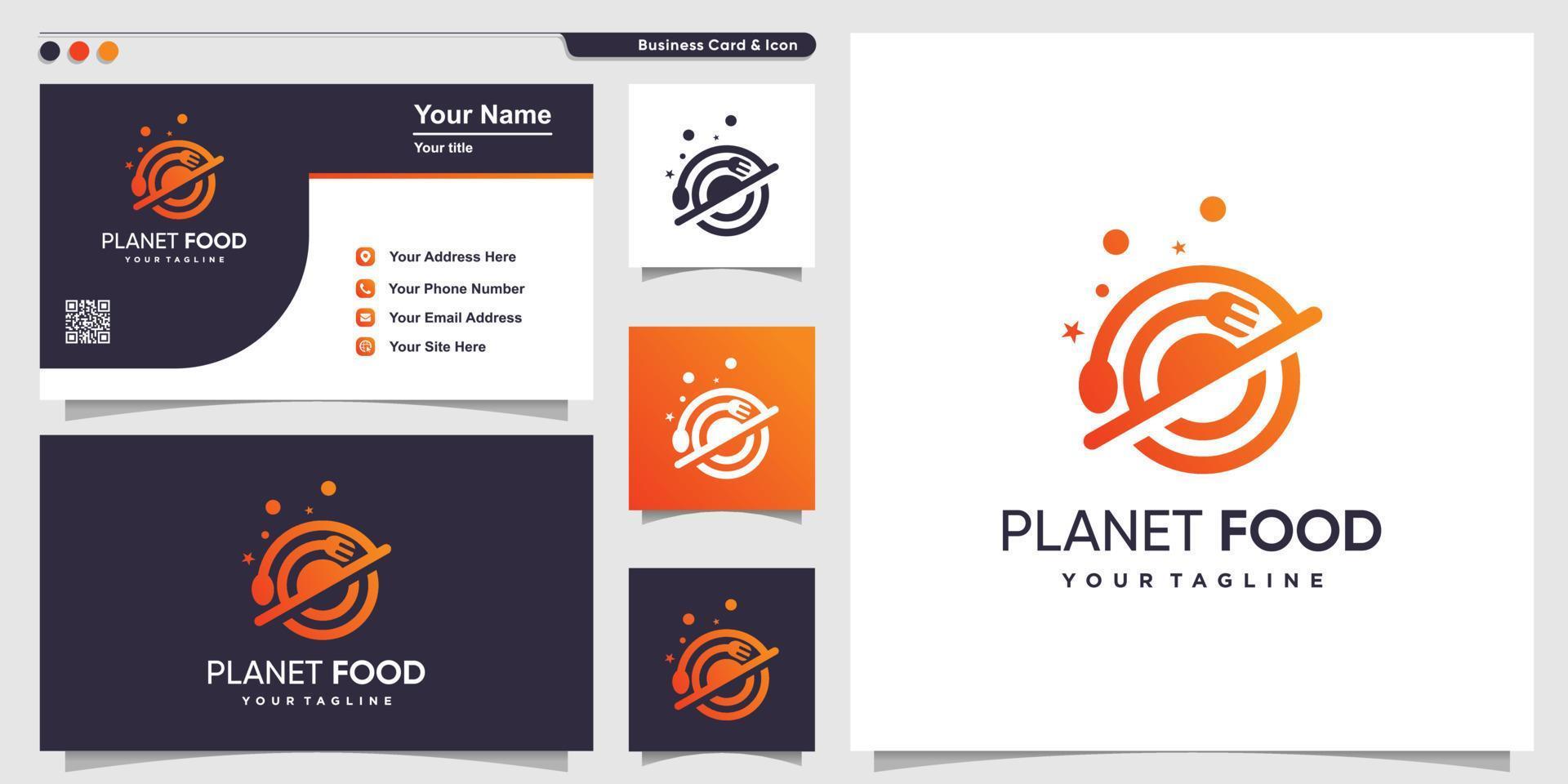 logotipo de comida com estilo de planeta gradiente de contorno e modelo de design de cartão de visita vetor premium