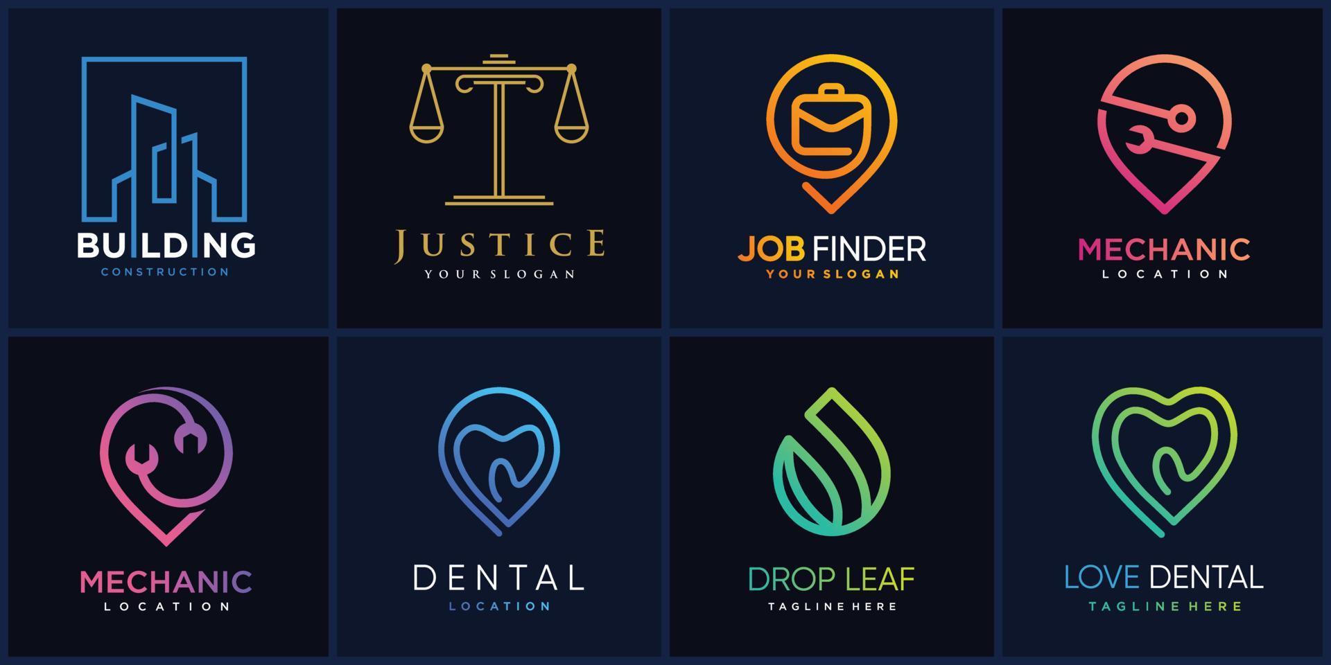 conjunto de coleção de logotipo com conceito moderno parte 3, construção, justiça, localização, ícone, empresa, modelo de logotipo, vetor premium
