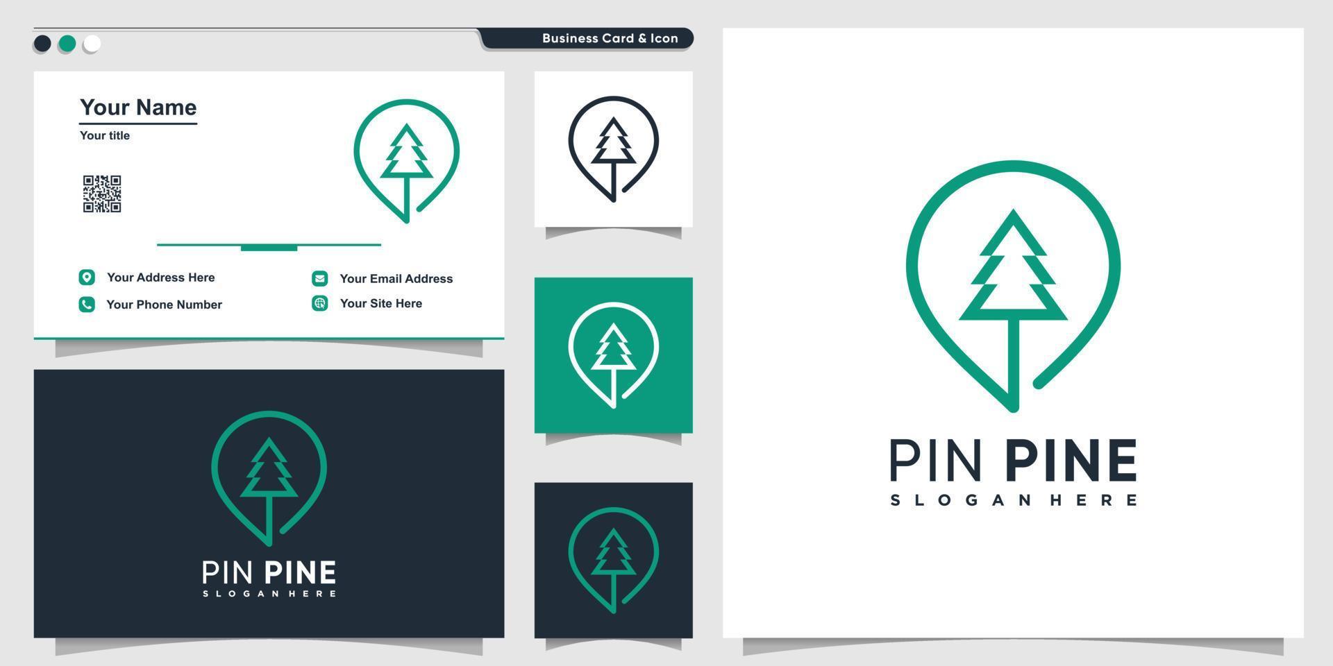 logotipo de pinho com estilo de localização de pinos e modelo de design de cartão de visita premium vetor