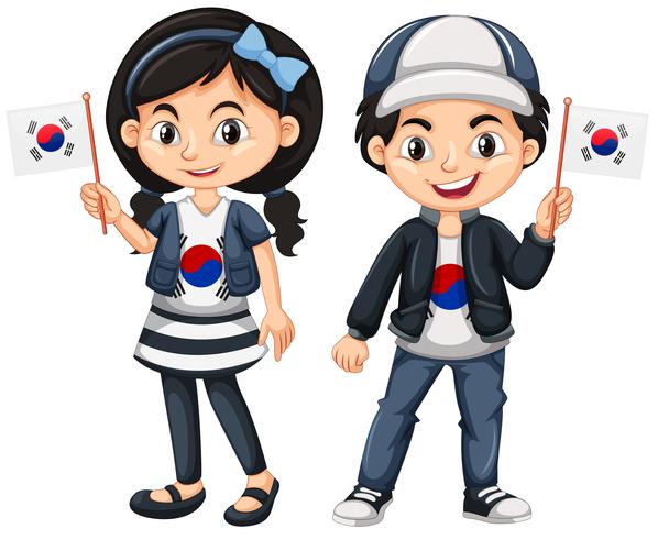 Sul-coreano menino e menina com bandeiras vetor