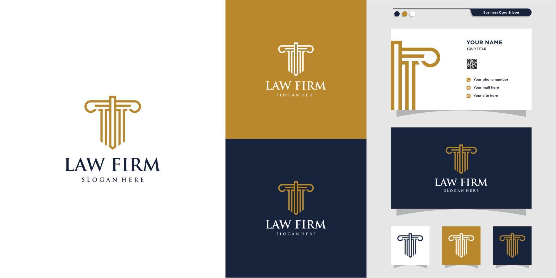 logotipo do escritório de advocacia de justiça e design de cartão de visita. ouro, empresa, lei, justiça ícone, cartão de visita, vetor premium