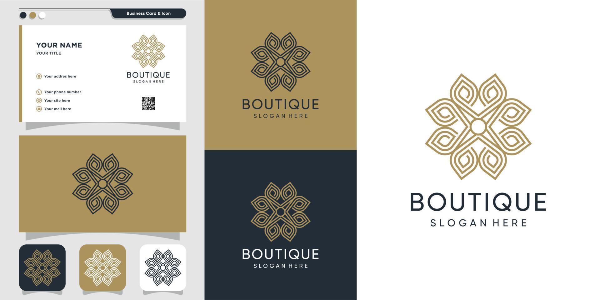 logotipo de ornamento boutique com estilo de arte de linha e modelo de design de cartão de visita premium vetor