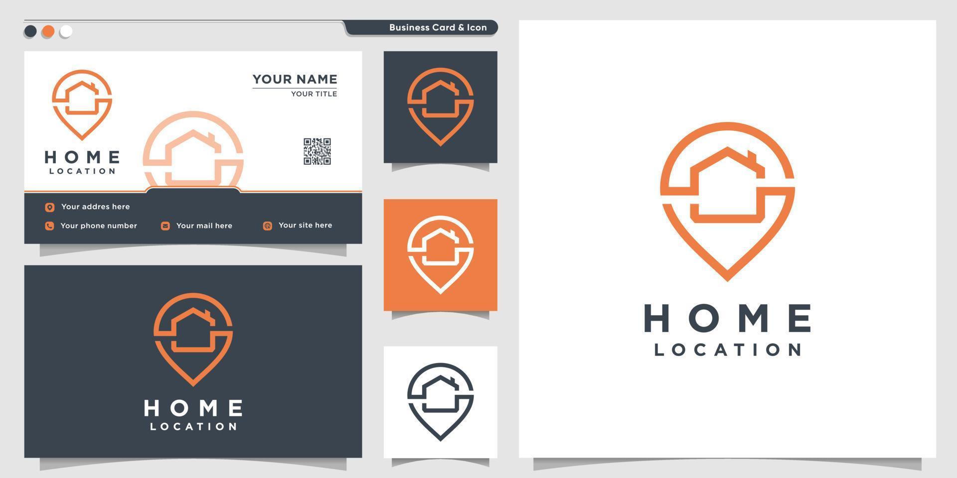 logotipo em casa com arte de linha de design de ponto ou localização e modelo de cartão de visita premium vetor