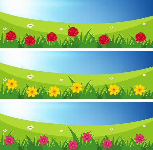 Três cenas de campos com flores vetor