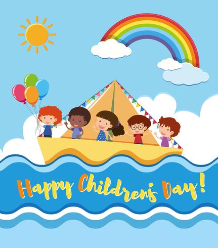 Cartaz de dia das crianças feliz com crianças velejando vetor