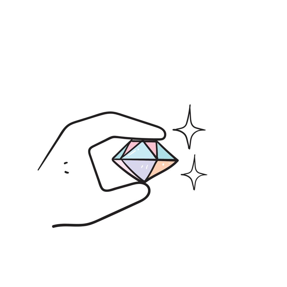mão desenhada doodle mão segurando o vetor de ilustração de gema de diamante isolado