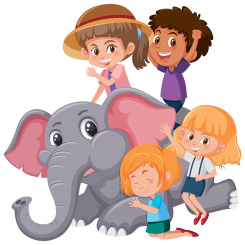 Grupo de crianças brincando com elefante vetor