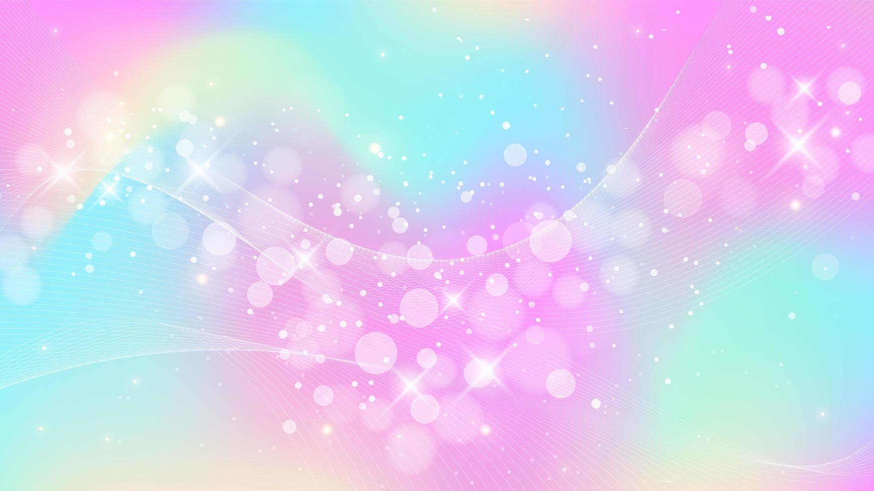 fundo de fantasia de arco-íris. ilustração holográfica em tons pastel. céu de unicórnio multicolorido com estrelas e bokeh. vetor