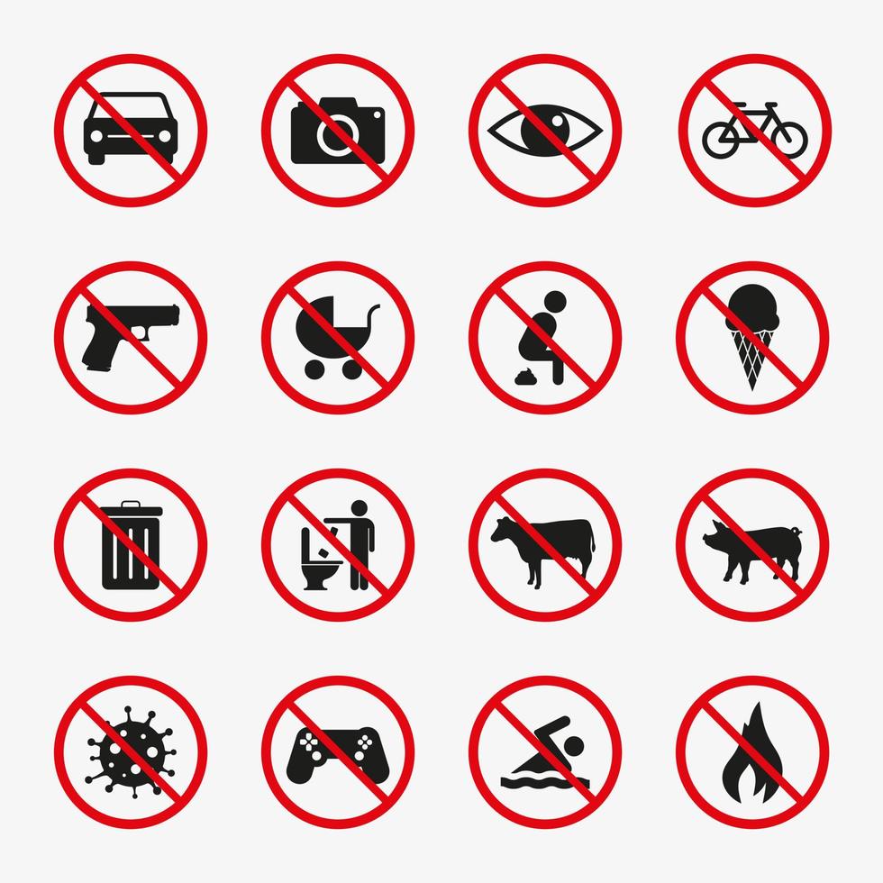sinal de proibição conjunto de 16 símbolos. ilustração vetorial. coleção de sinais proibidos vetor