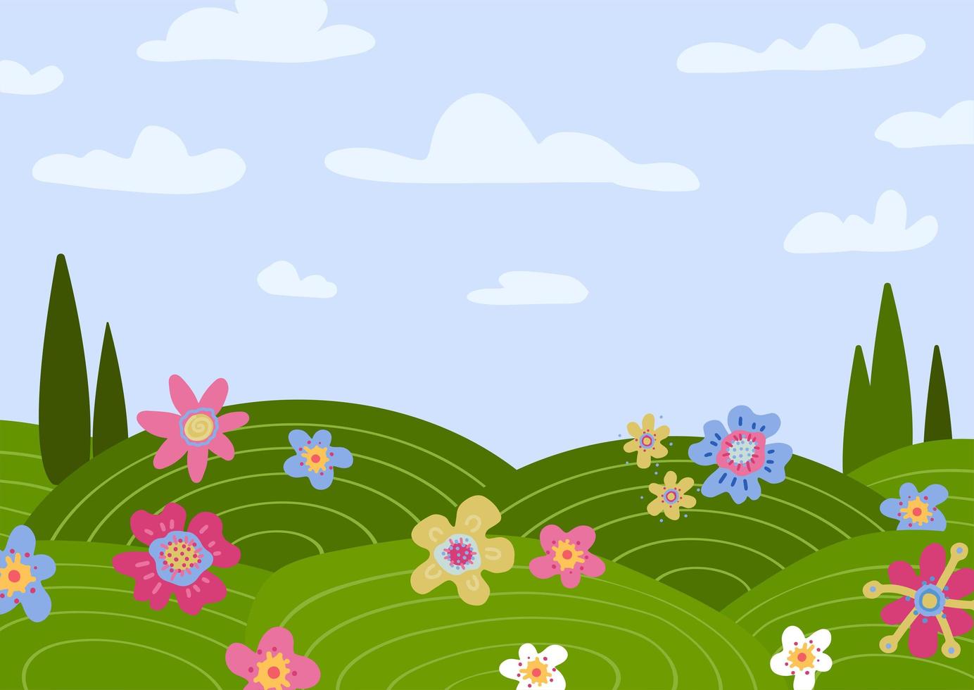 cena de paisagem rural com cipreste. fundo de cenário de país de verão com campos verdes, prado, nuvens, grama, flores, árvores, céu azul. ilustração em vetor estilo dos desenhos animados design plano.