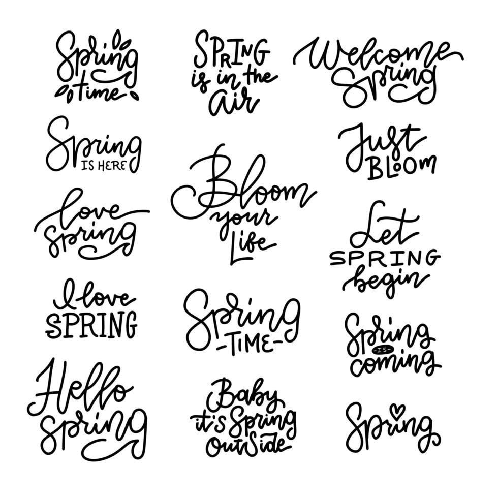 Olá conjunto de cartões de letras de primavera. cartaz de tipografia de venda especial de primavera nas cores preto e branco. ilustração vetorial de mão linear desenhada. vetor