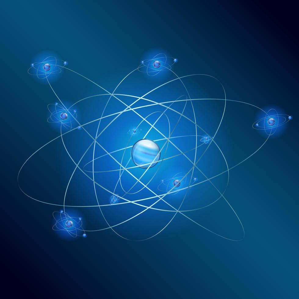 átomo em fundo azul. vetor