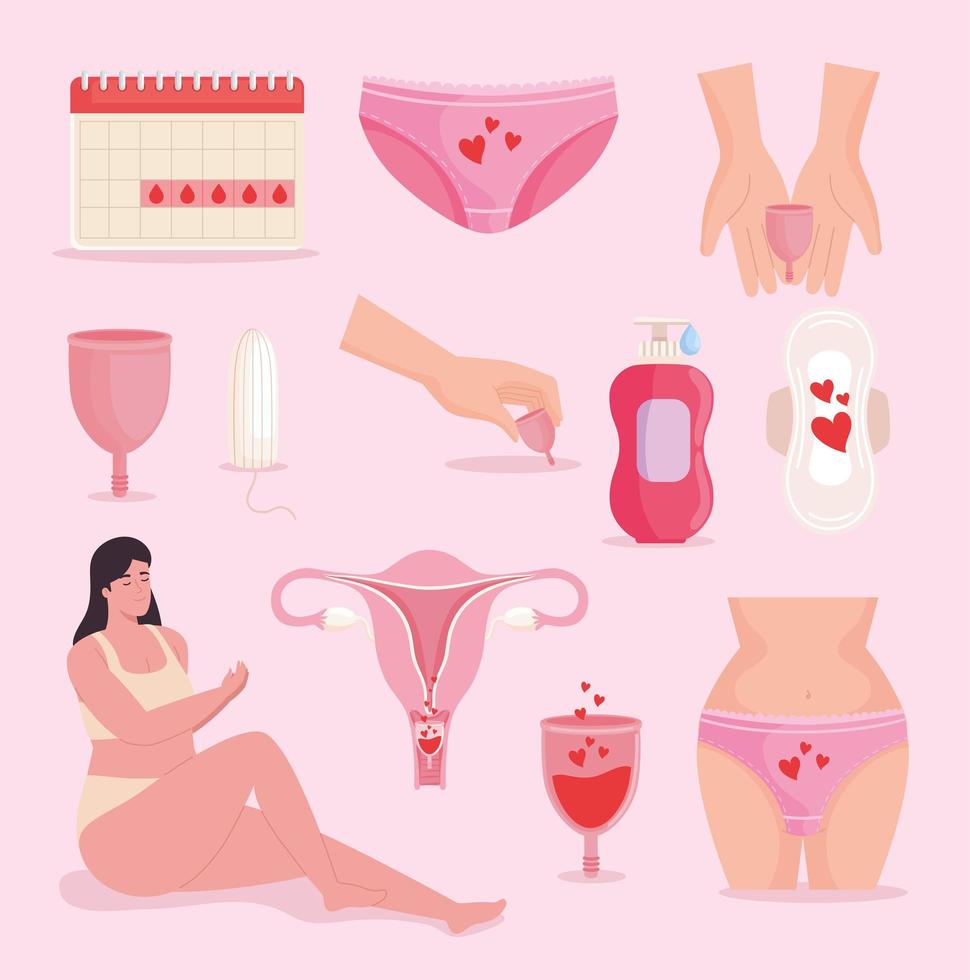 mulher e ícones menstruais vetor