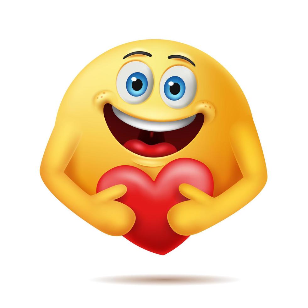 Cuidado com os personagens de emoticon abraçando um coração vermelho com as duas mãos mostrando carea e apoio. ilustração vetorial realista 3D vetor