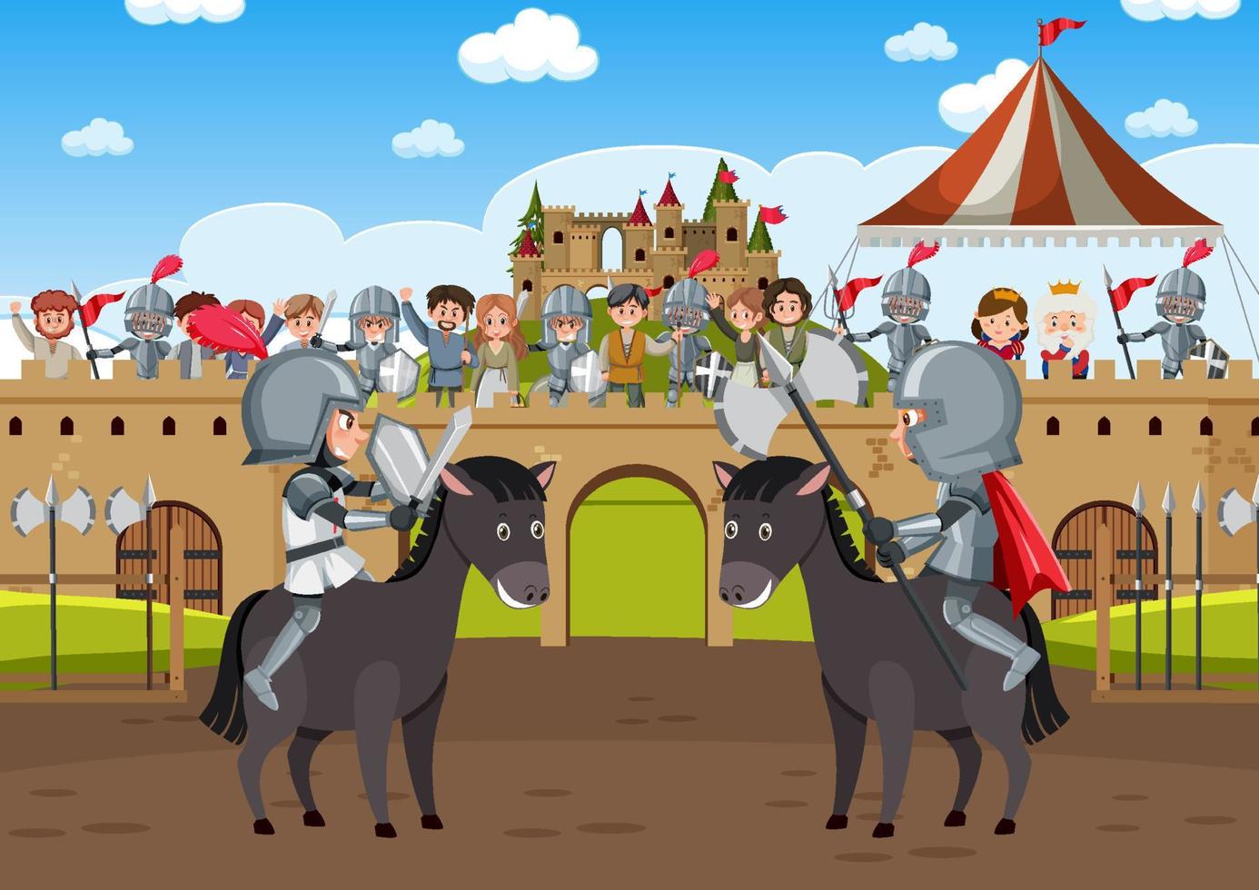 cena medieval com dois cavaleiros de armadura está lutando vetor