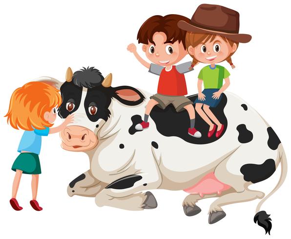 Crianças, e, vaca, branco, fundo vetor