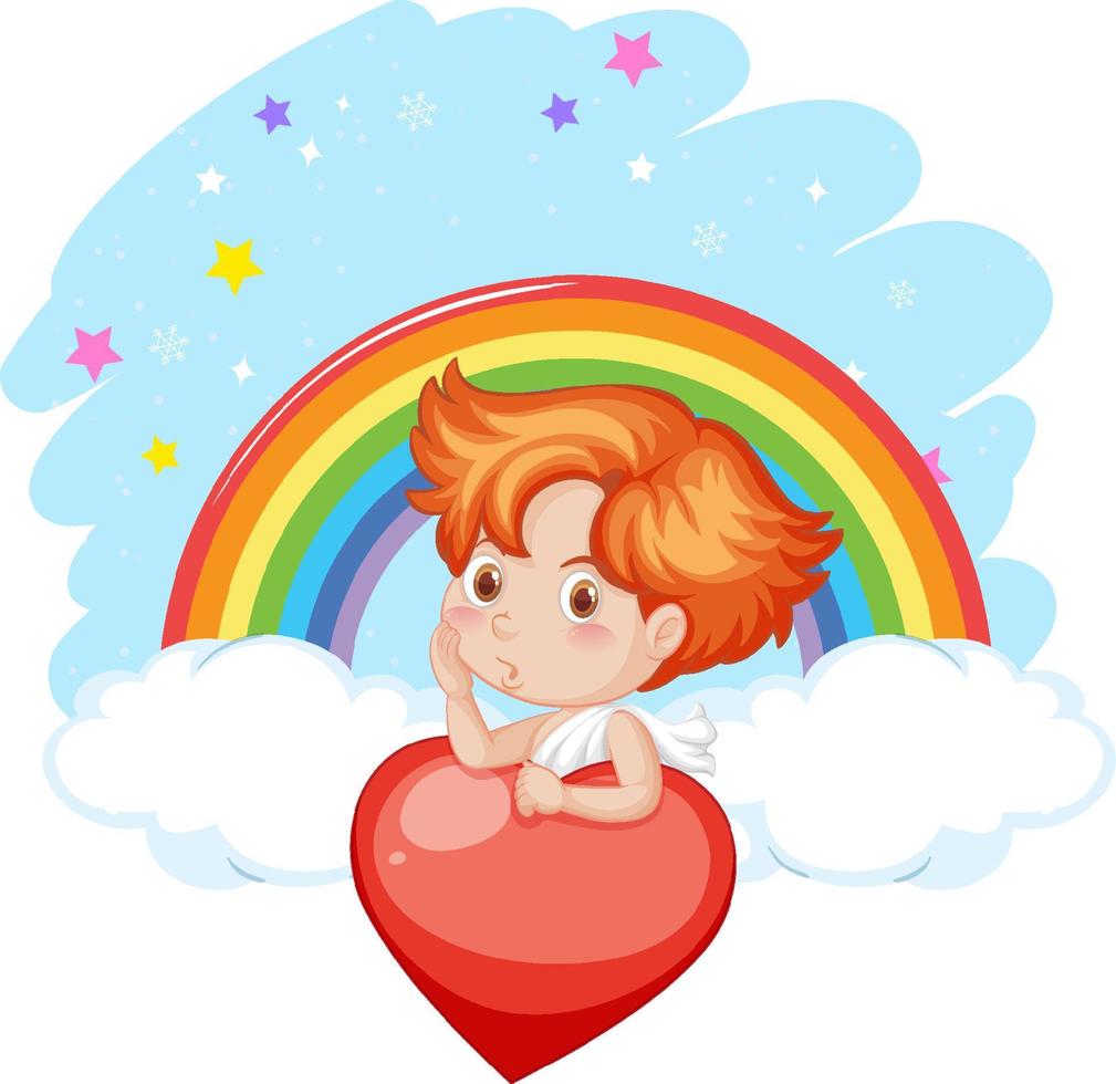 menino anjo segurando um coração vermelho no fundo do arco-íris vetor