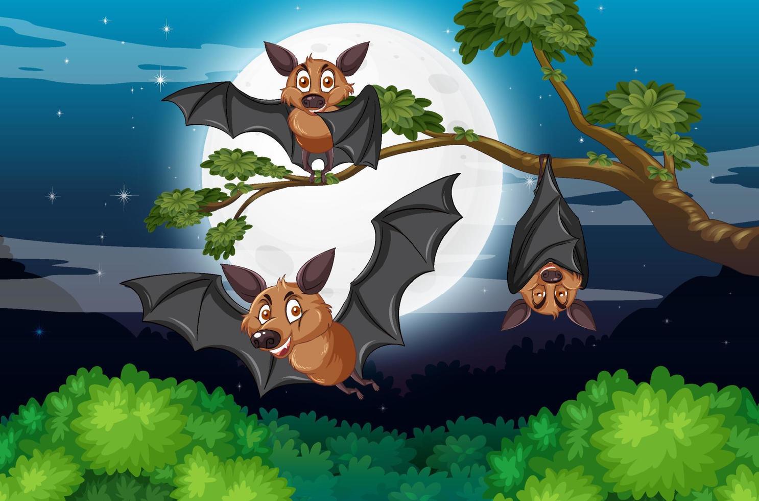 grupo de morcegos na floresta à noite vetor