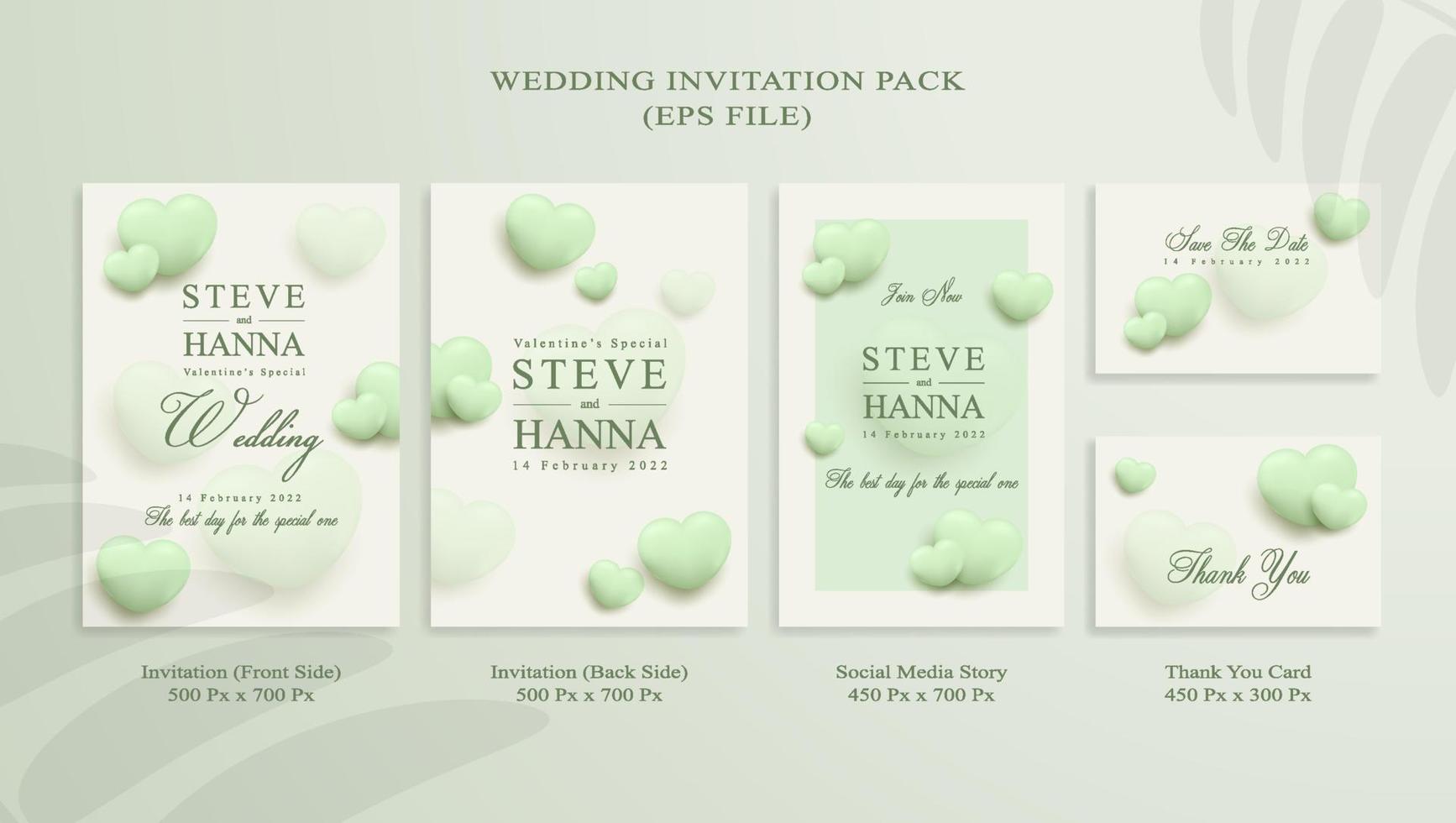 pacote de convite de casamento verde com cartão de agradecimento e história de mídia social vetor