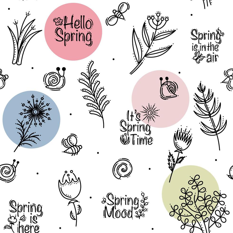 padrão perfeito de primavera com flores, ervas, abelhas e caracóis vetor