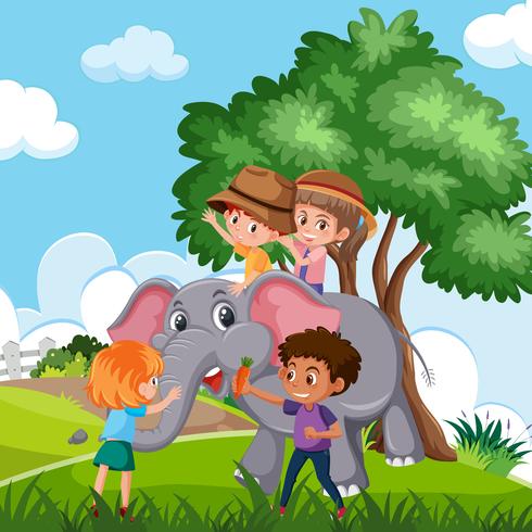 Crianças, montando, elefante, em, natureza vetor