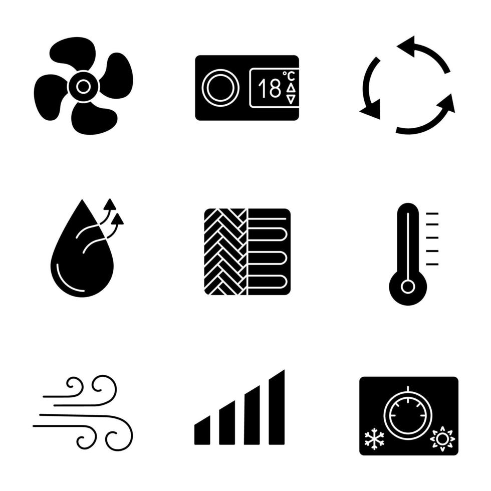 conjunto de ícones de glifo de ar condicionado. nível de potência, termostato digital, ventilação, umidificação, aquecimento de piso, termômetro, fluxo de ar, botão de controle climático, exaustor. ilustração vetorial isolada vetor