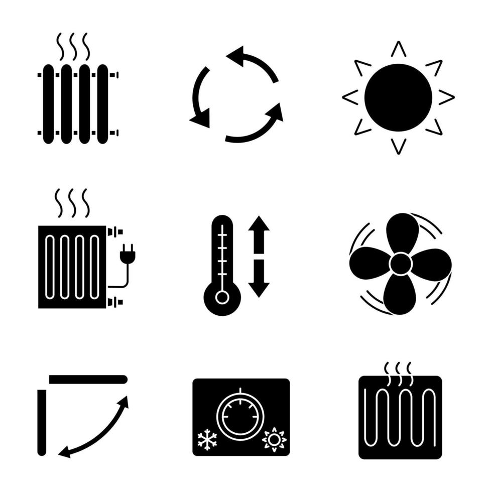conjunto de ícones de glifo de ar condicionado. radiadores, ventilação, sol, controle climático, exaustor, persiana condicionadora, termostato, elemento de aquecimento. símbolos de silhueta. ilustração vetorial isolada vetor